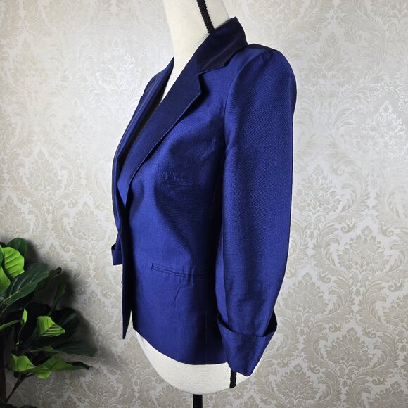 Talbots Size 2P Blue Blazer Silk/Cotton Blend 3/4 Cuffed Sleeve 1 Button Closure - Picture 5 of 11